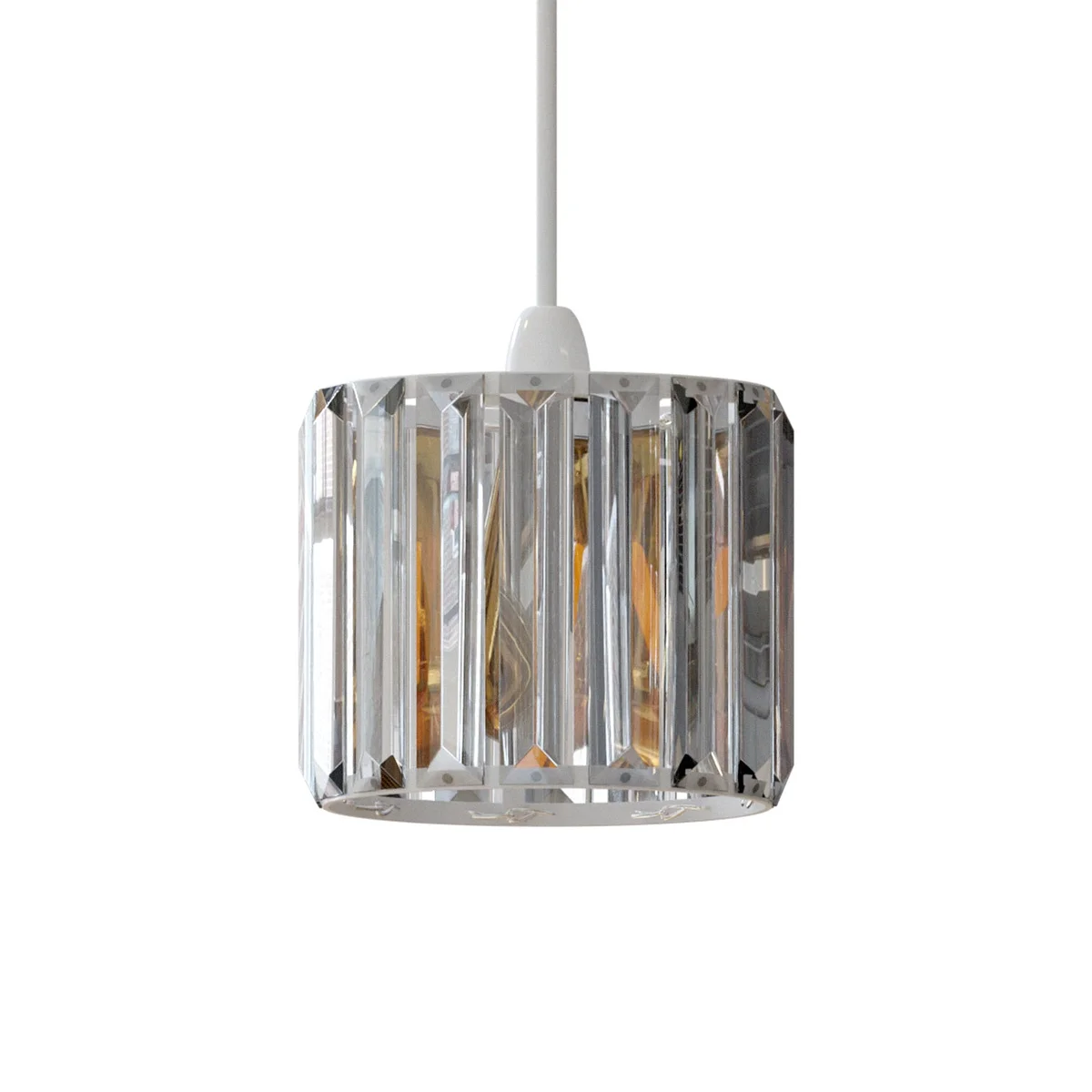 Drum‑shaped crystal glass lamp shade with chrome layer, hanging from an E27 socket on a light fixture.
