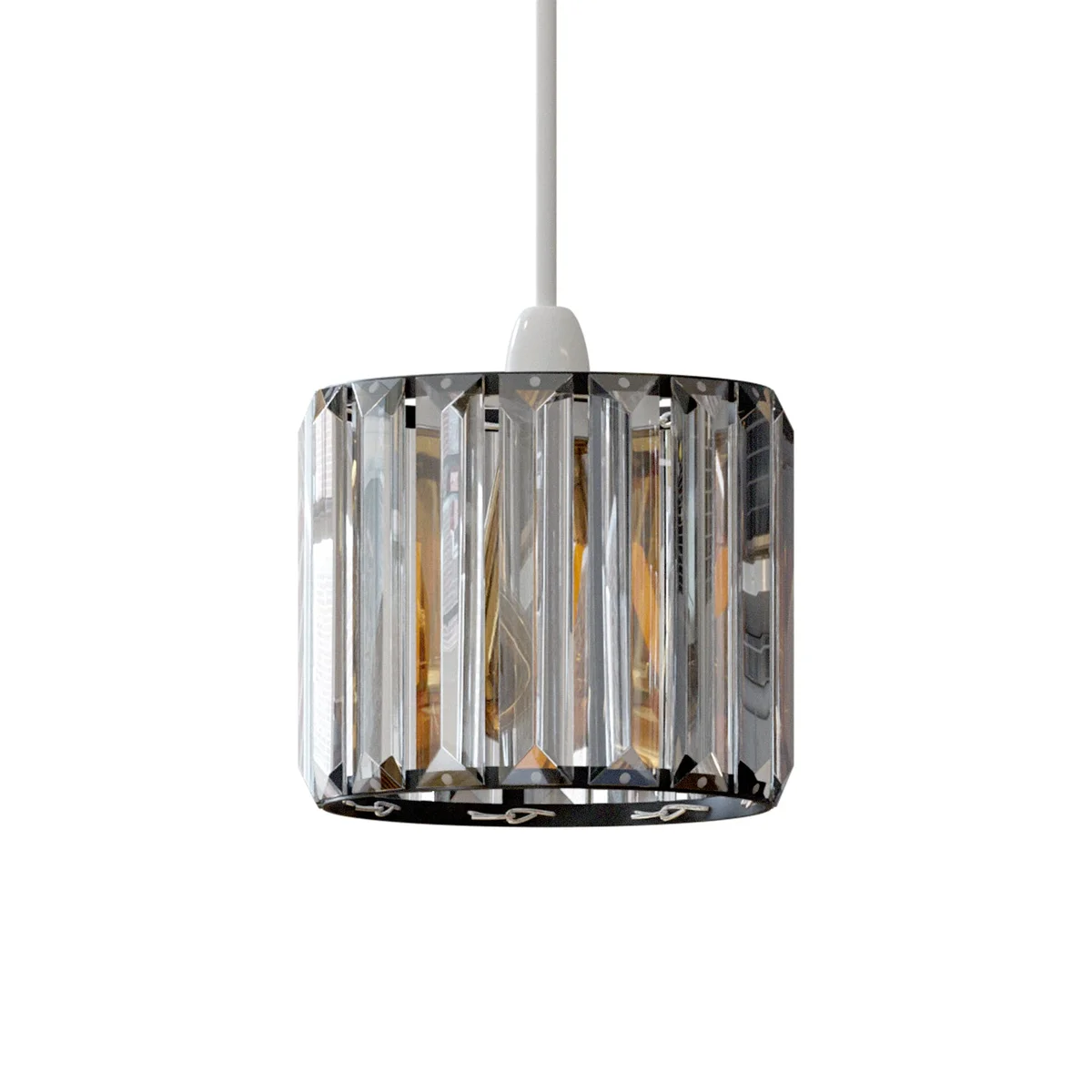 Modern crystal glass lamp shade with chrome detailing, drum shape, lightweight and easy to install on E27 sockets.