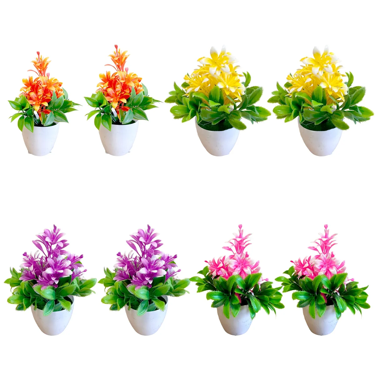 Bright artificial flowers in a small plastic pot with green leaves, perfect for indoor decor and low maintenance