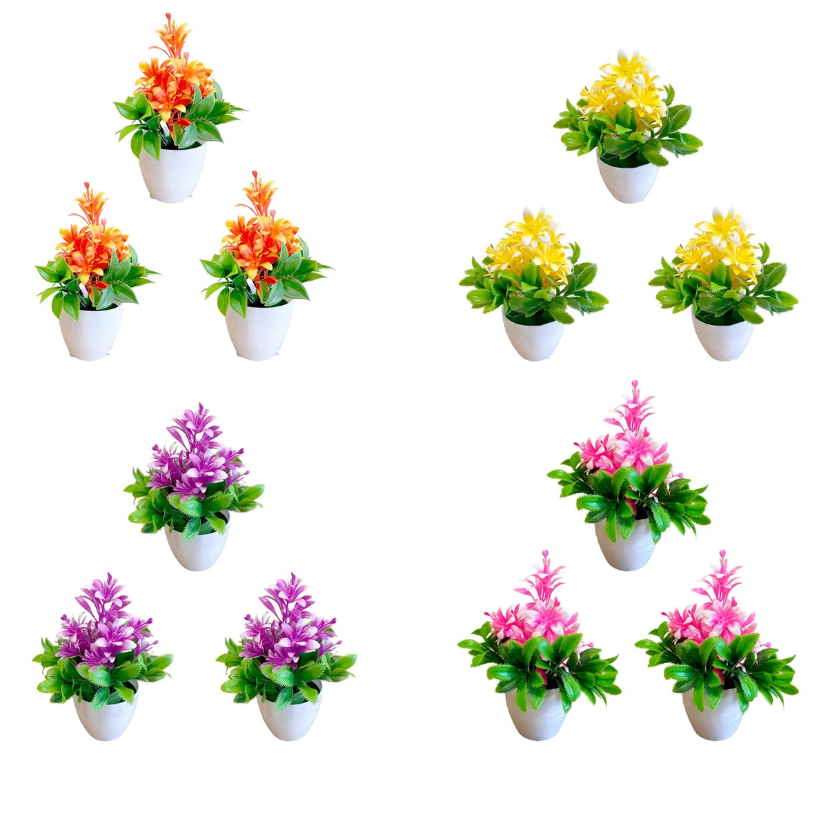 Small plastic pot with vibrant artificial flower plants featuring bright colours and lush green leaves indoors