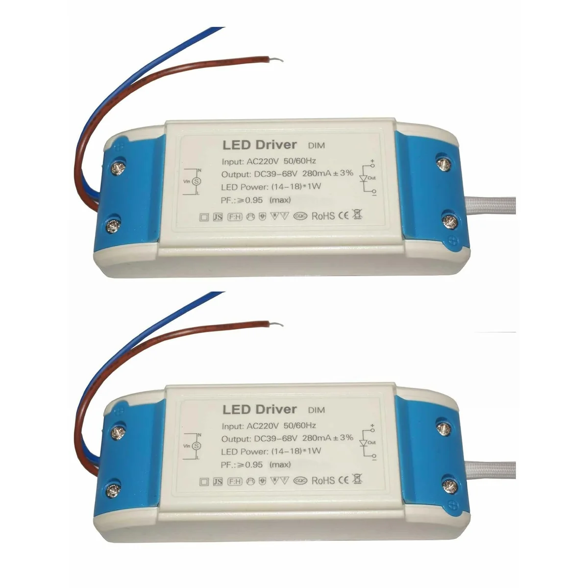 Two compact constant current LED drivers for G4 MR11 MR16 lights with screw terminals and plastic casing on white background