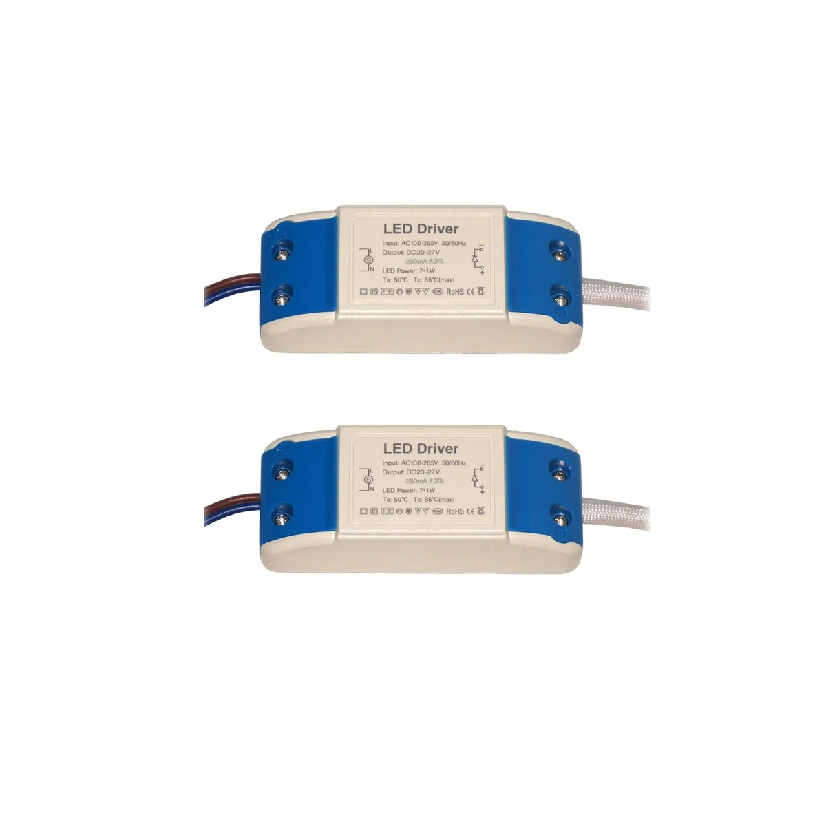 Two compact AC to DC power supply units for constant current LED lighting with screw terminal connections in black plastic casing