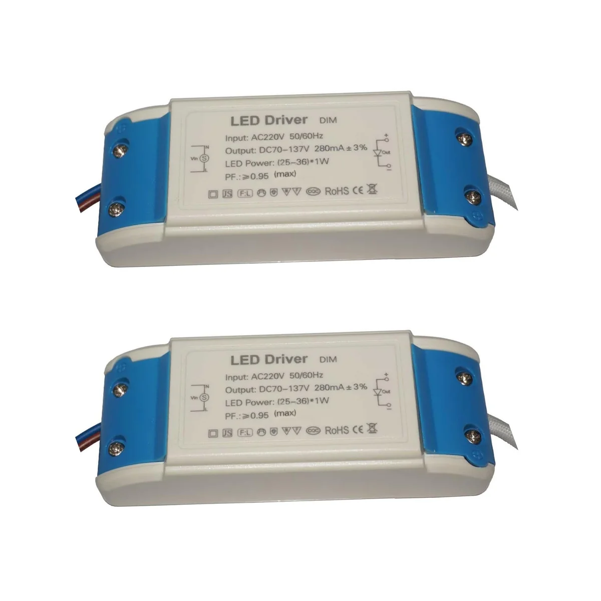 Two compact plastic LED drivers for G4 MR16 with screw terminals and voltage input labels on a white background