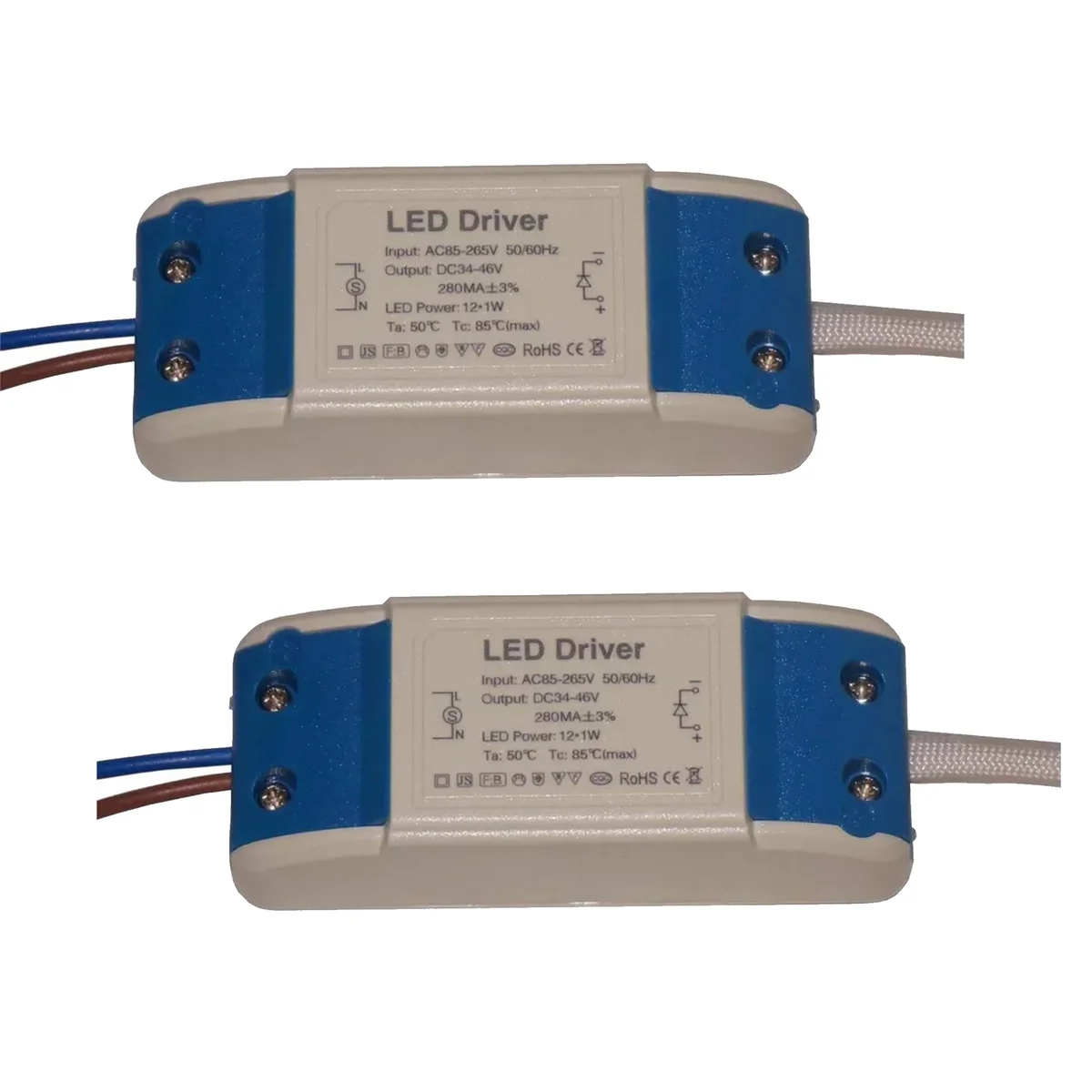 Two compact LED transformers in engineered plastic with screw terminals for G4 MR11 MR16 LED lighting projects pack of 2