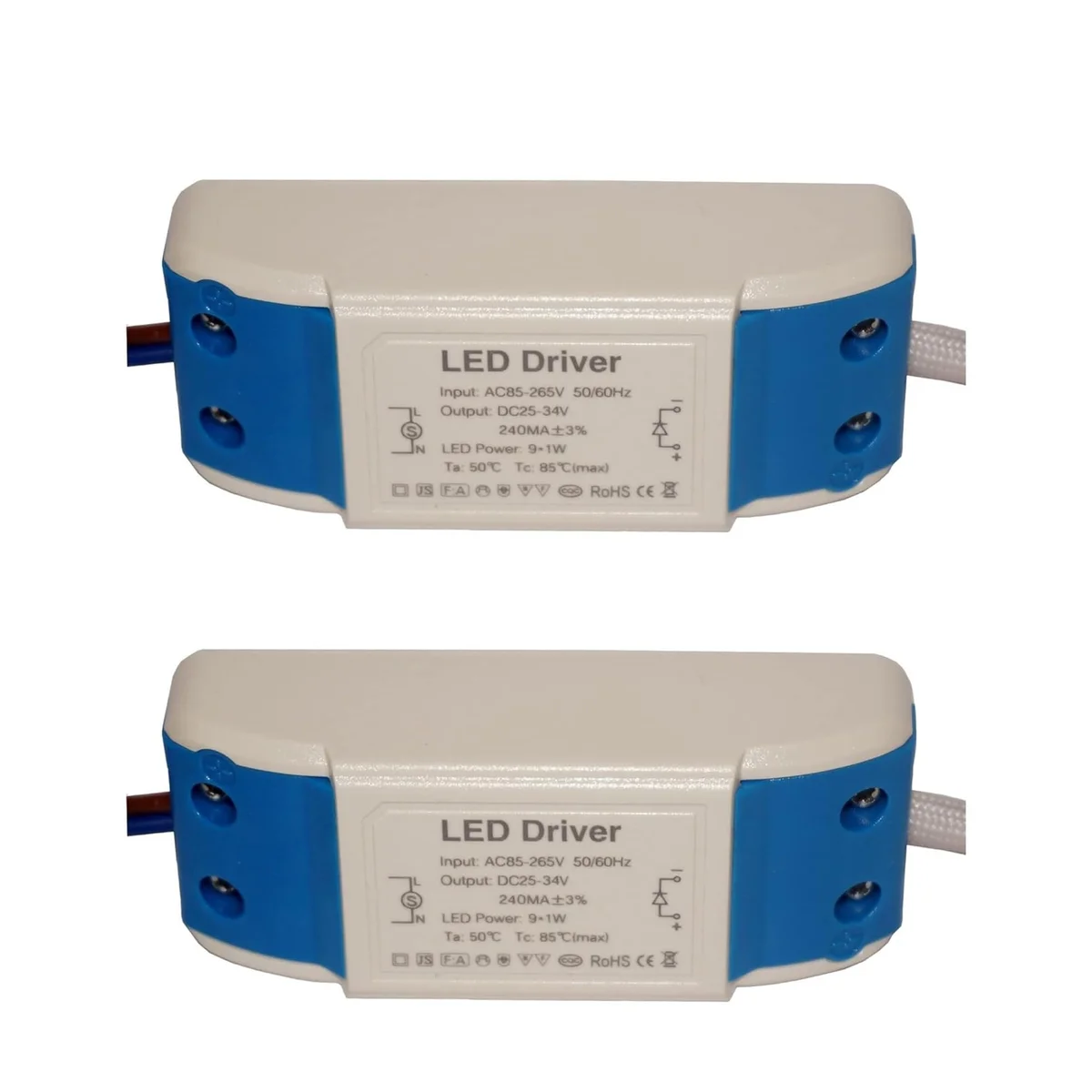 Two compact AC to DC constant current LED power supply pack units with screw terminal connections and plastic casing