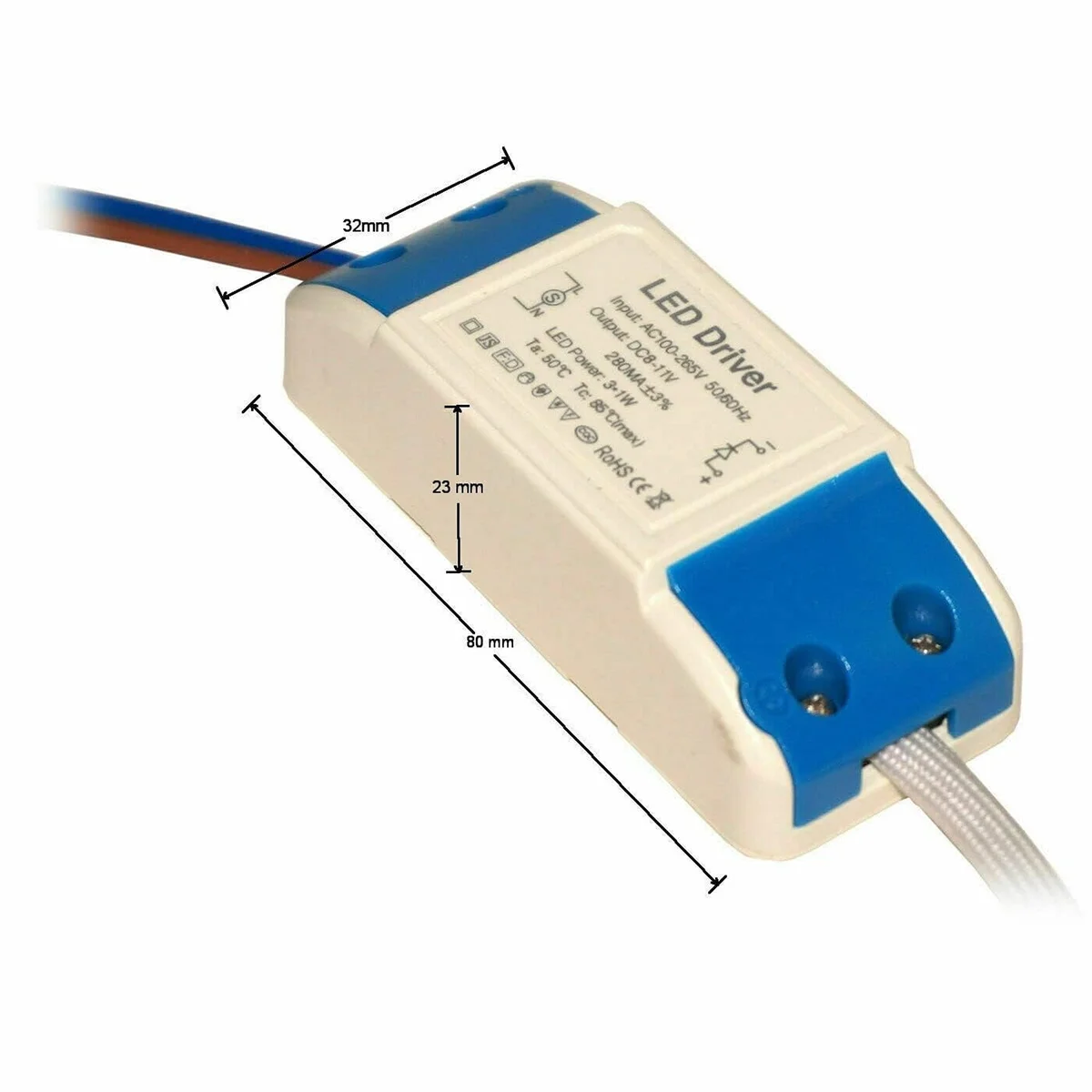 Two compact AC to DC constant current LED power supplies with overload protection driver and screw terminal connections