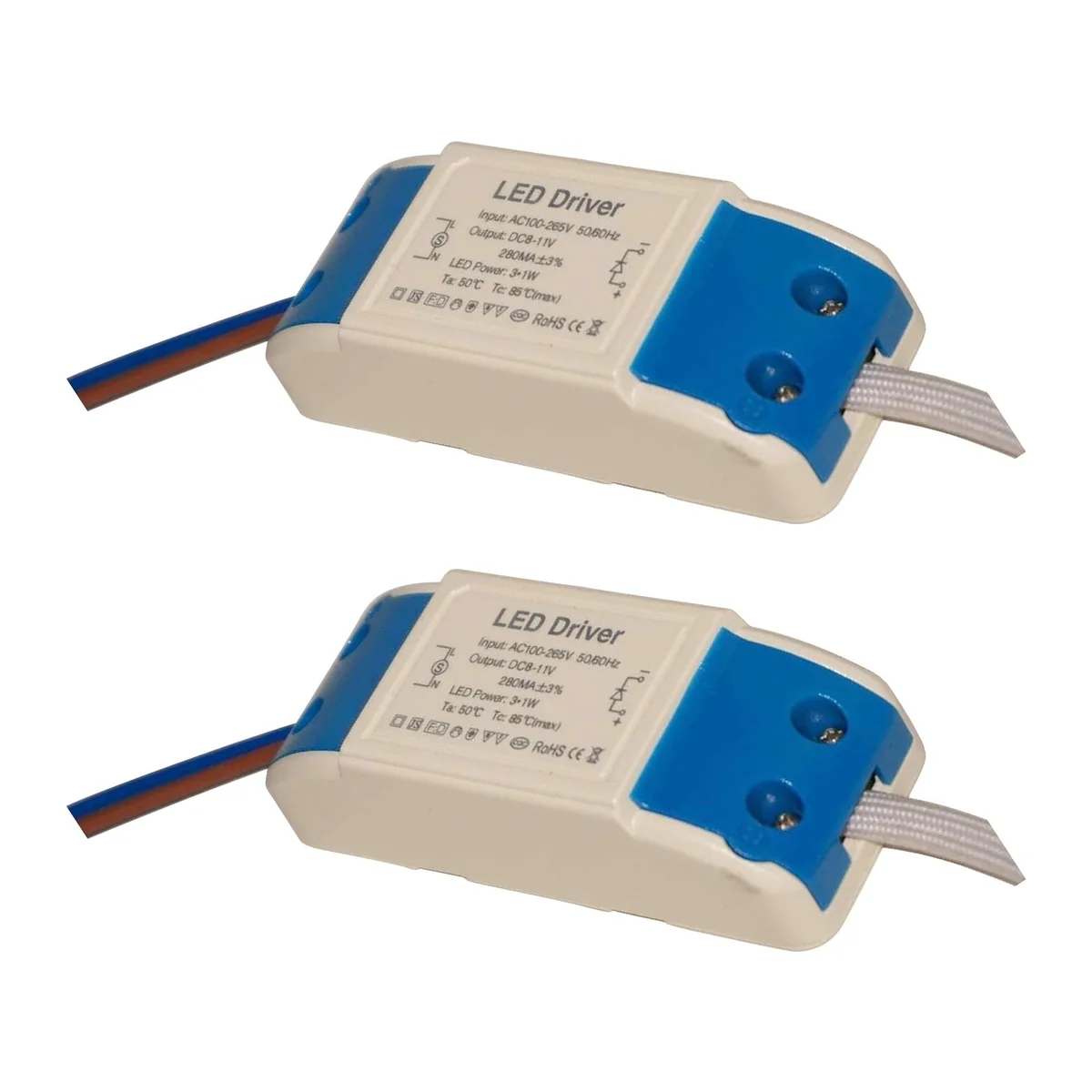 Two compact constant current LED drivers with screw terminals for G4 MR11 MR16 LED lighting projects, made of plastic