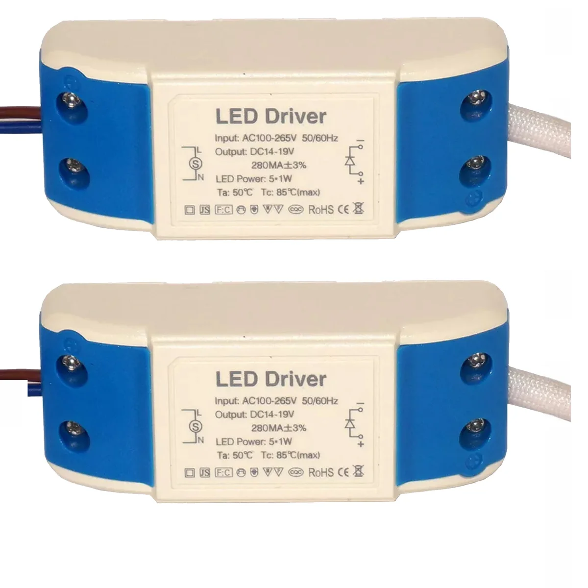 Two compact constant current LED drivers with screw terminal connections and protective casing for G4 MR11 MR16 lights