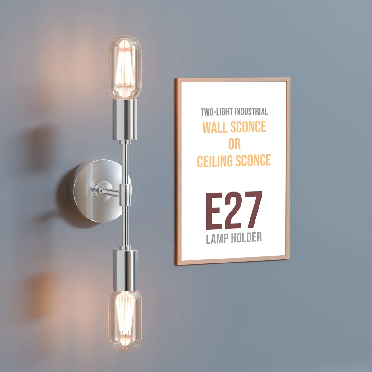 Dual socket ceiling light with two E27 sockets, industrial metal design in polished satin nickel finish, wall or ceiling mountable