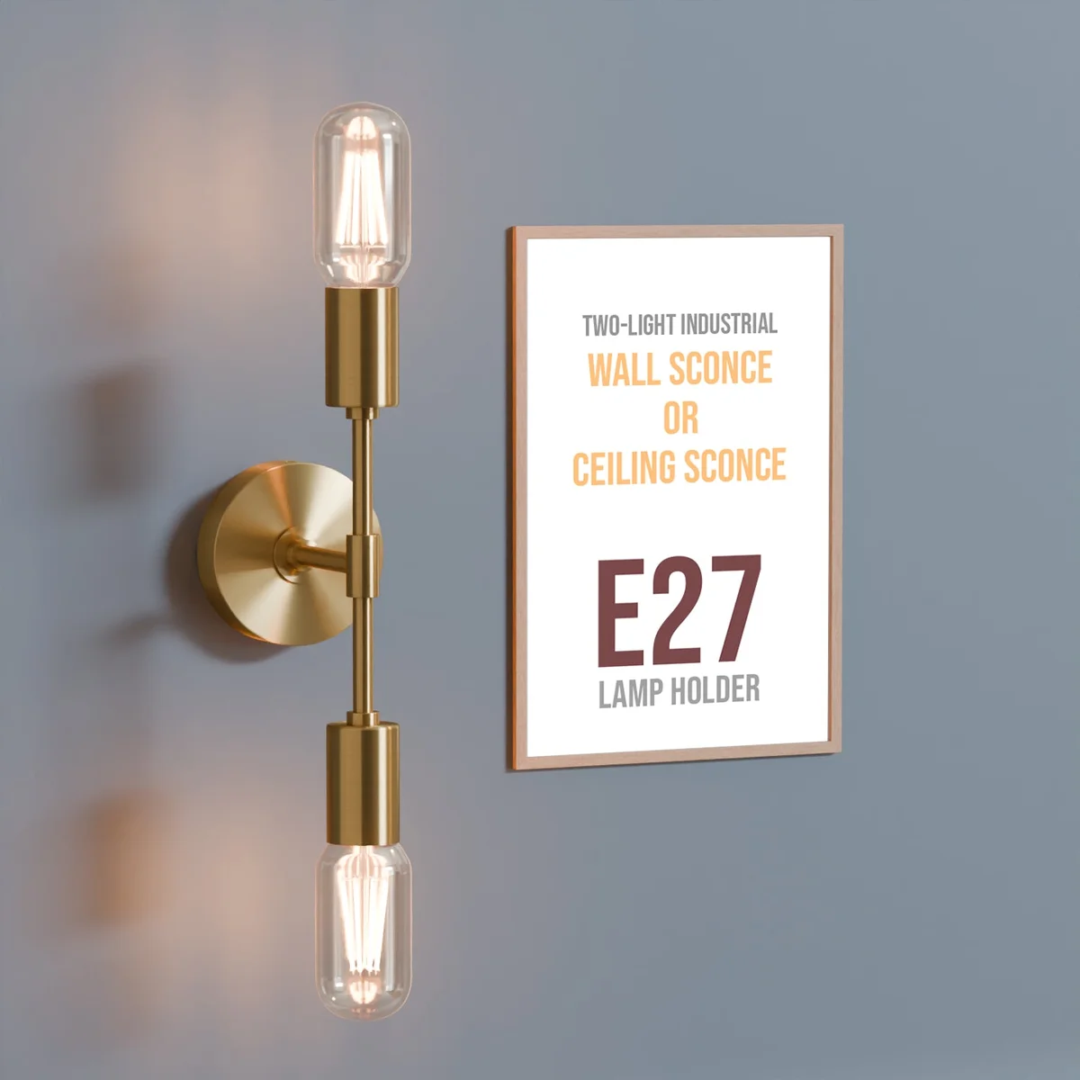 Dual socket industrial wall light in polished metal finish, suitable for wall or ceiling mounting with E27 bulbs