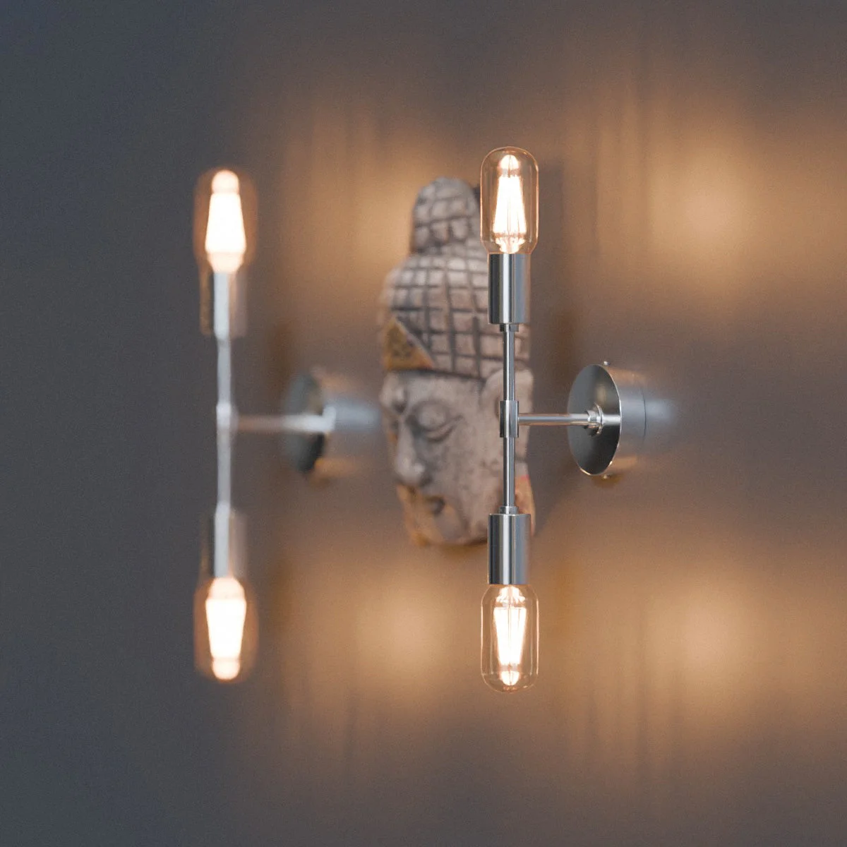 Dual socket mid century modern light in polished metal, shown mounted on a wall with two E27 bulb sockets visible