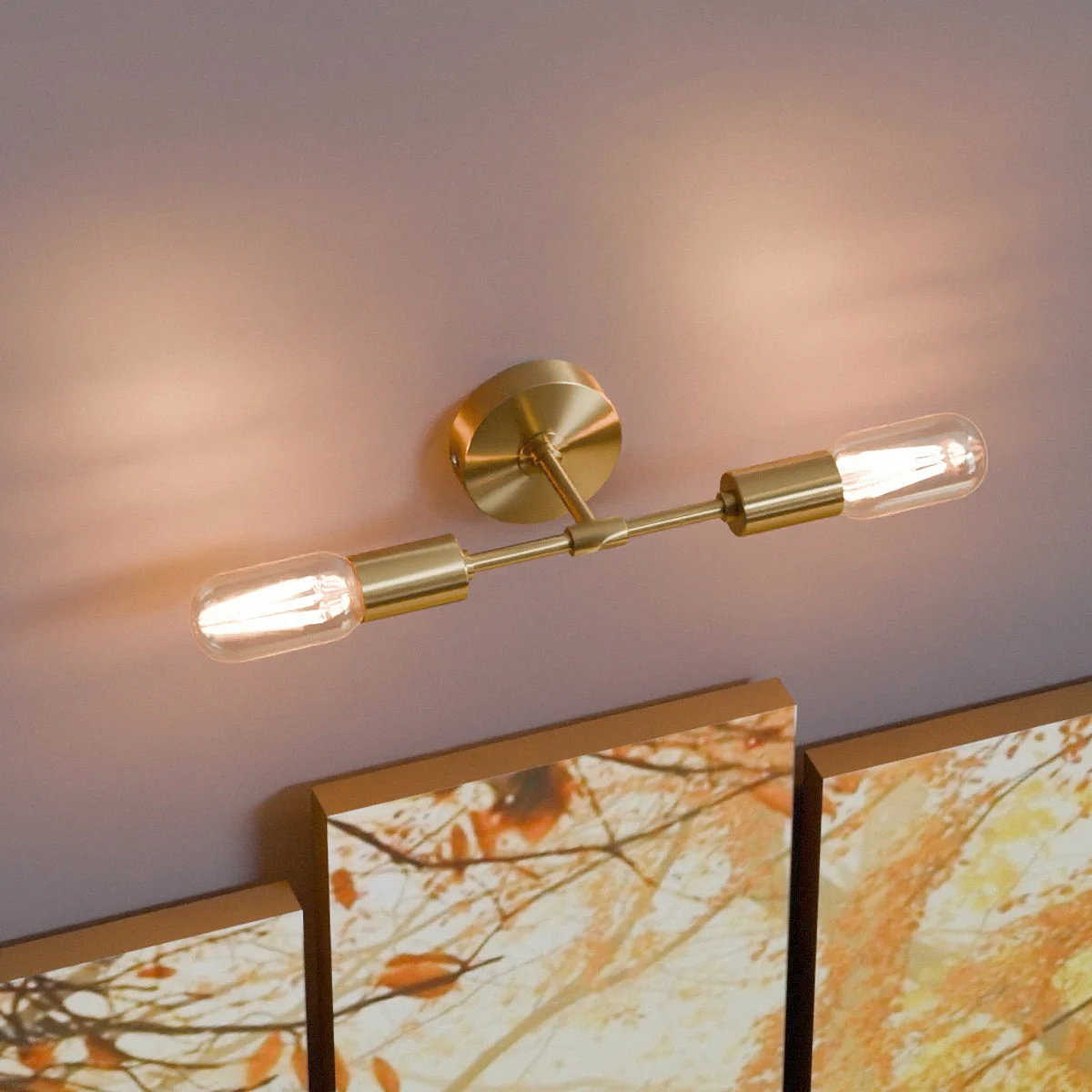 Dual socket ceiling light in polished chrome, industrial style with two E27 bulb sockets mounted on a white wall