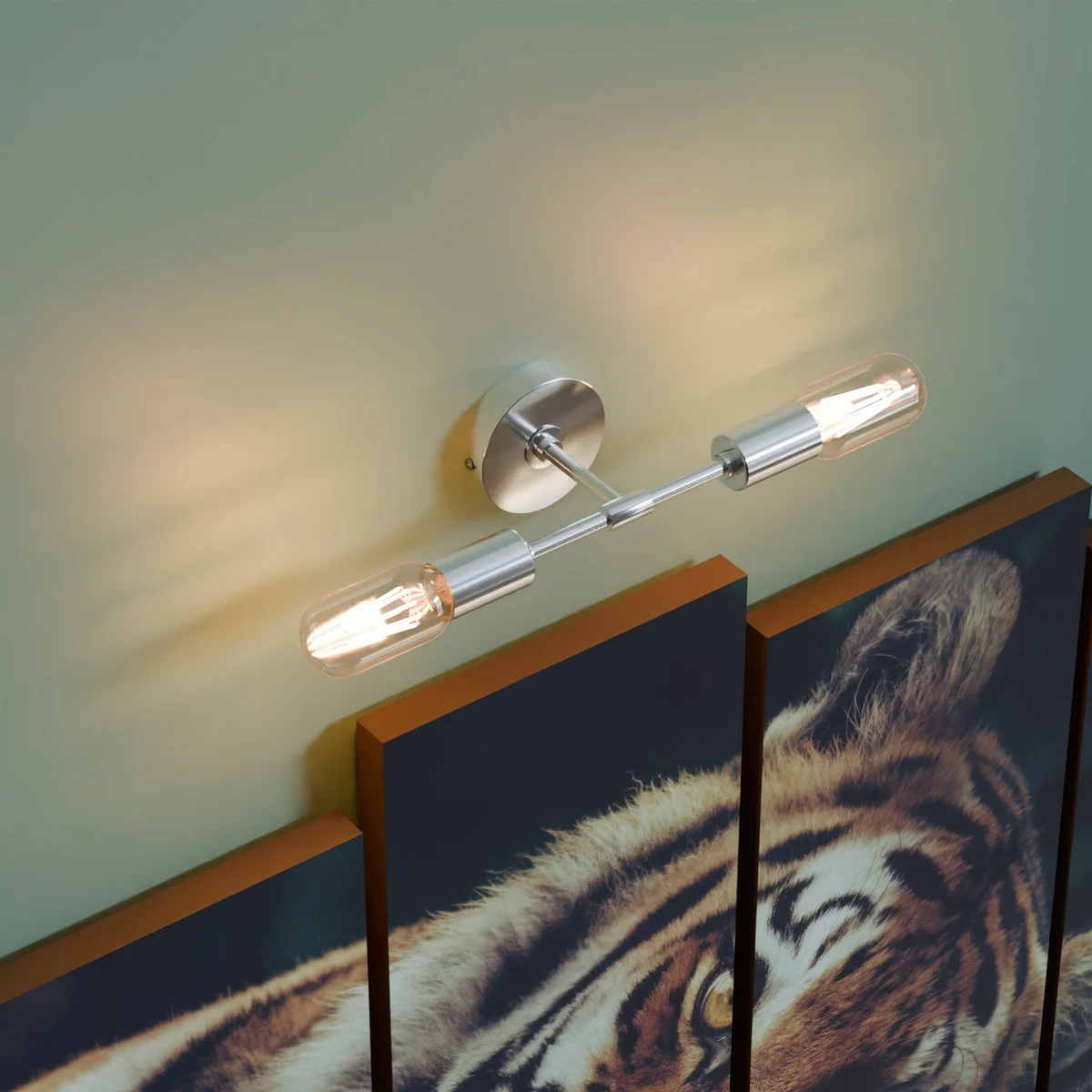 Dual socket ceiling light in polished yellow brass, industrial style with two E27 bulb holders mounted on ceiling
