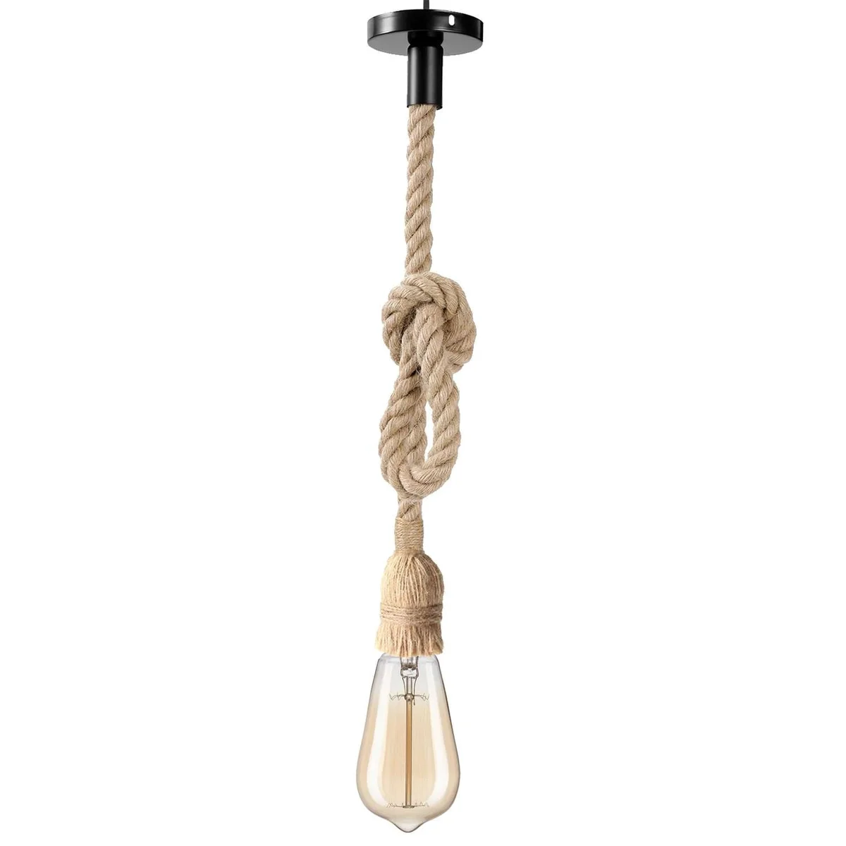 Vintage style hemp rope pendant light with adjustable twisted rope and E27 bulb socket, ceiling mounted fixture