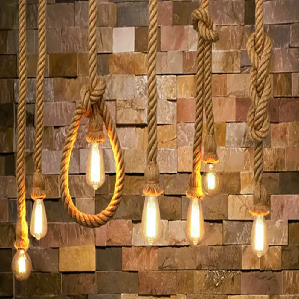 Vintage style adjustable ceiling pendant with twisted hemp rope and E27 bulb socket, rustic indoor lighting fixture