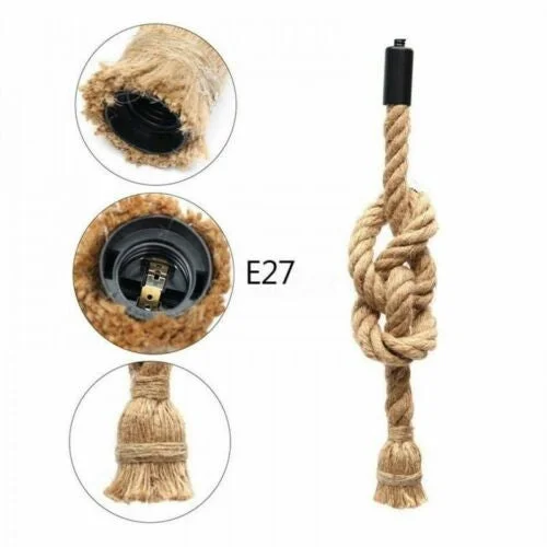 Adjustable vintage rope light fitting with twisted hemp rope cable and E27 socket, ceiling mounted for indoor use