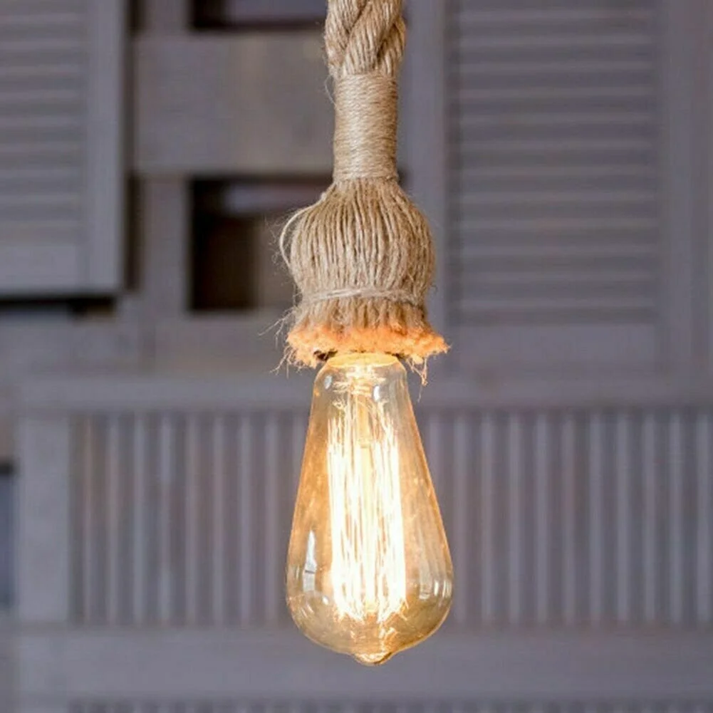 Vintage style hemp rope adjustable E27 ceiling light with twisted cable and metal socket, ideal for rustic interiors