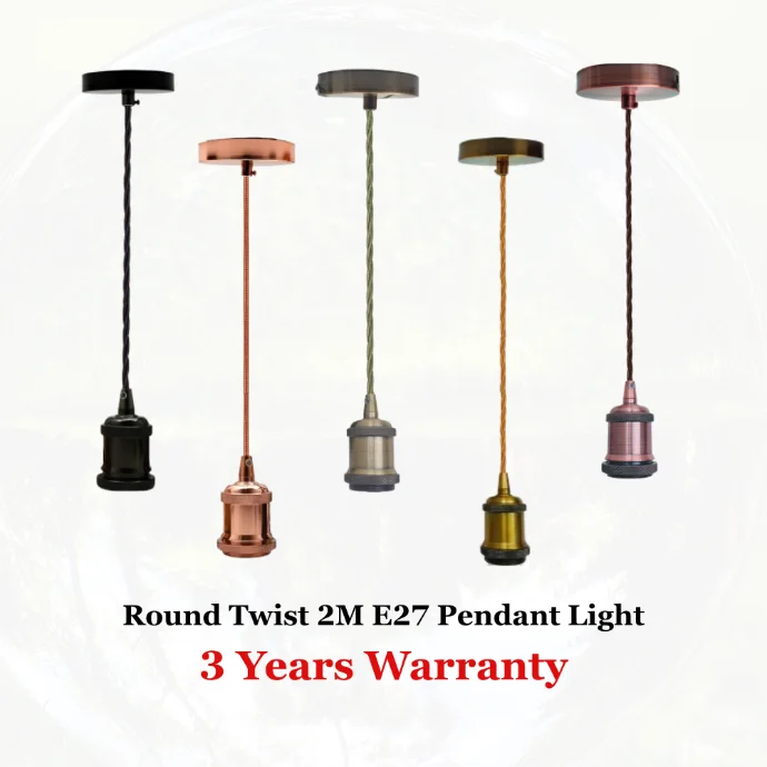 Vintage style fabric flex pendant lamp with 2m braided cable and metal E27 holder, ceiling mounted, no bulb included