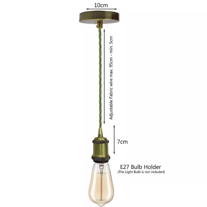 E27 pendant light with metal holder and 2m twisted fabric flex cord, vintage style for ceiling mounting