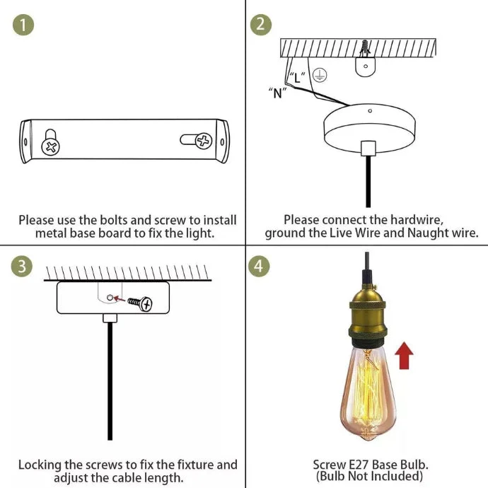 Adjustable hanging lamp with 2m twisted fabric flex cable and metal E27 holder in vintage style for ceiling mounting