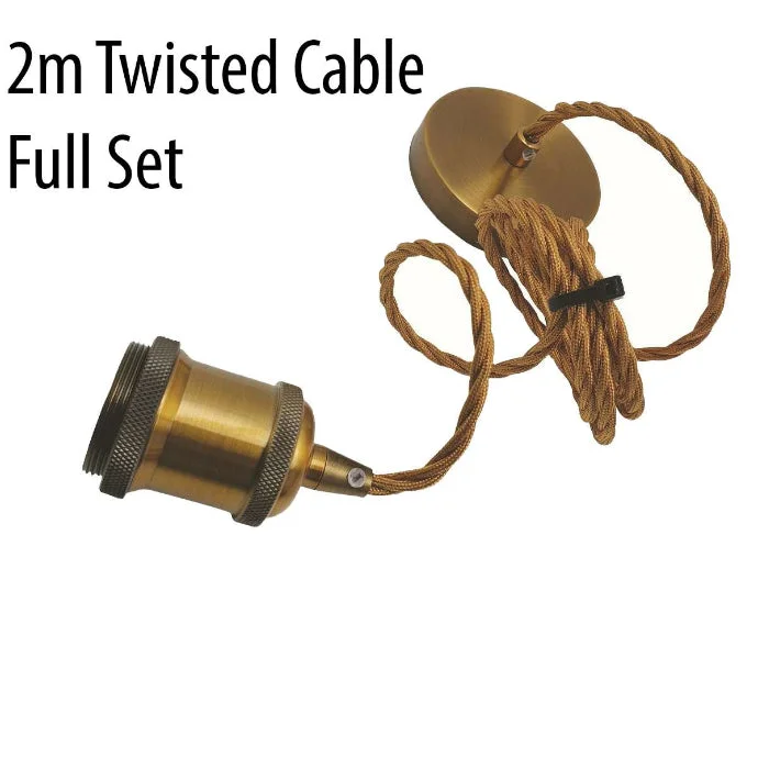 Vintage-style pendant lamp with metal E27 holder and adjustable twisted fabric flex cable hanging from ceiling