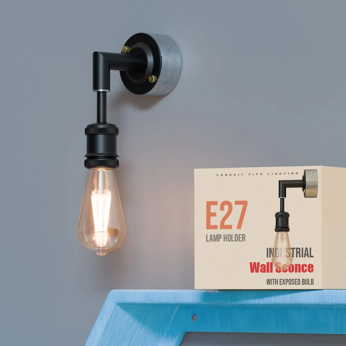 Black industrial sharp elbow conduit pipe corded wall light with E27 lamp holder, mounted on white wall, no bulb included