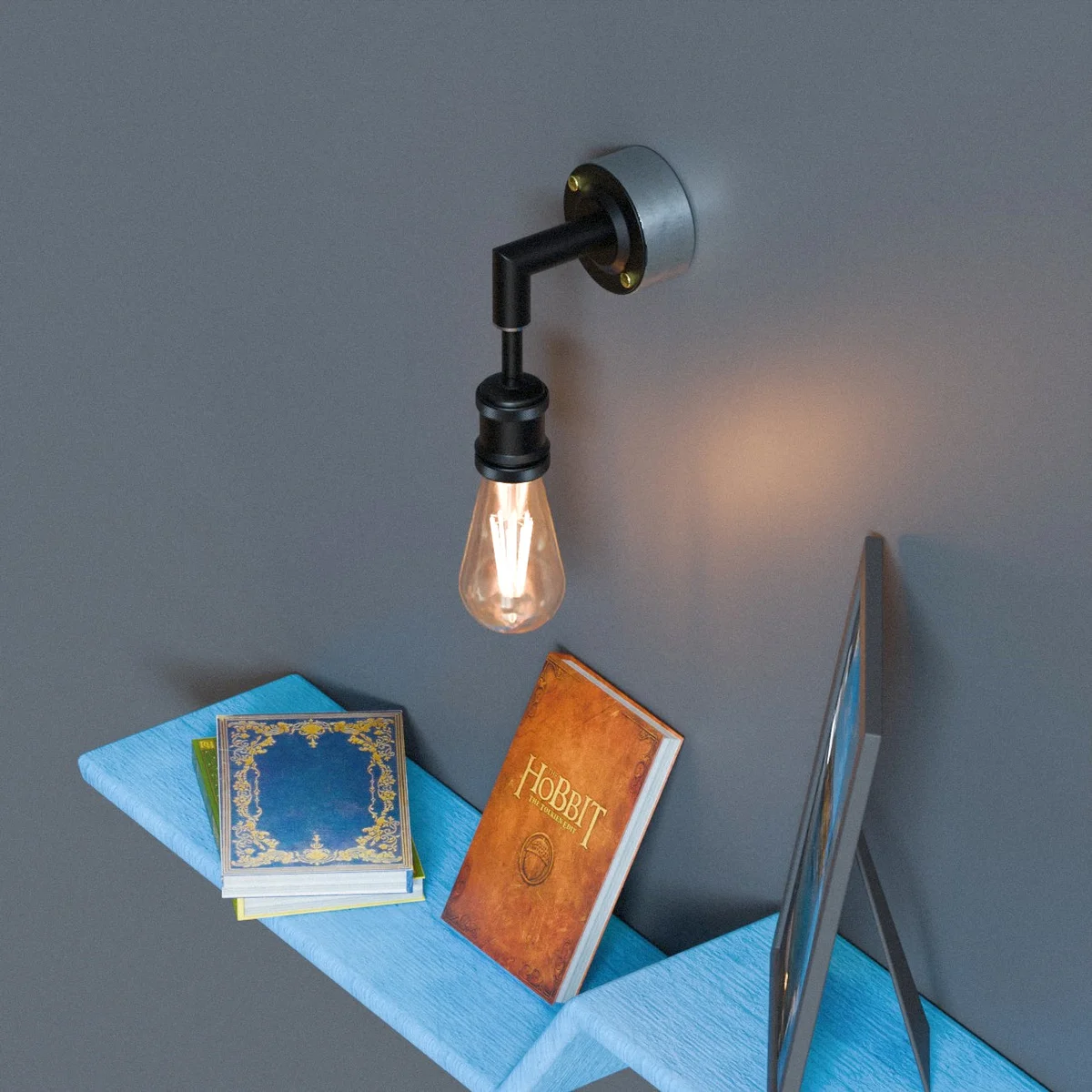 Black industrial conduit pipe retro wall light with sharp elbow design and E27 lamp holder mounted on white wall