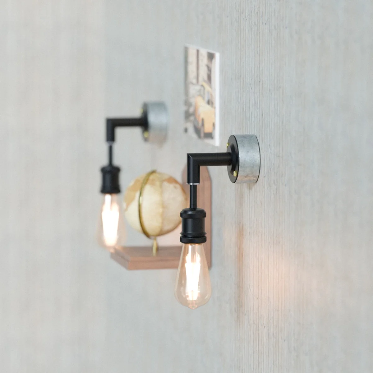 Black 20mm conduit pipe sharp elbow industrial wall light with E27 lamp holder mounted on white wall