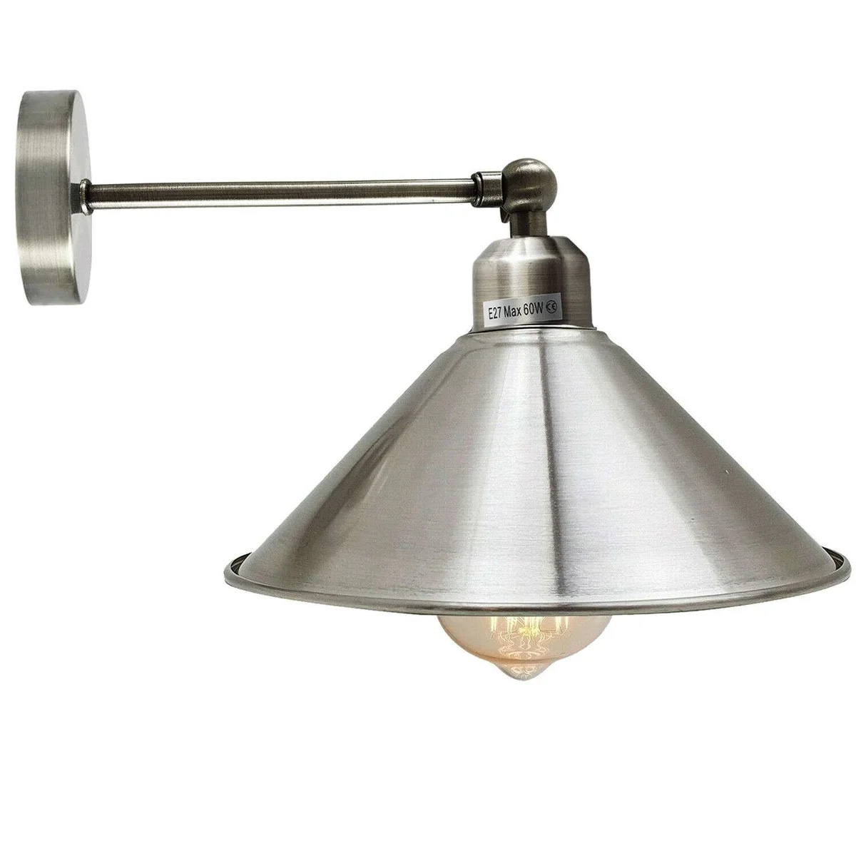 Industrial wall light with yellow brass cone shade, 190mm arm, and adjustable 180-degree pivot on satin nickel base