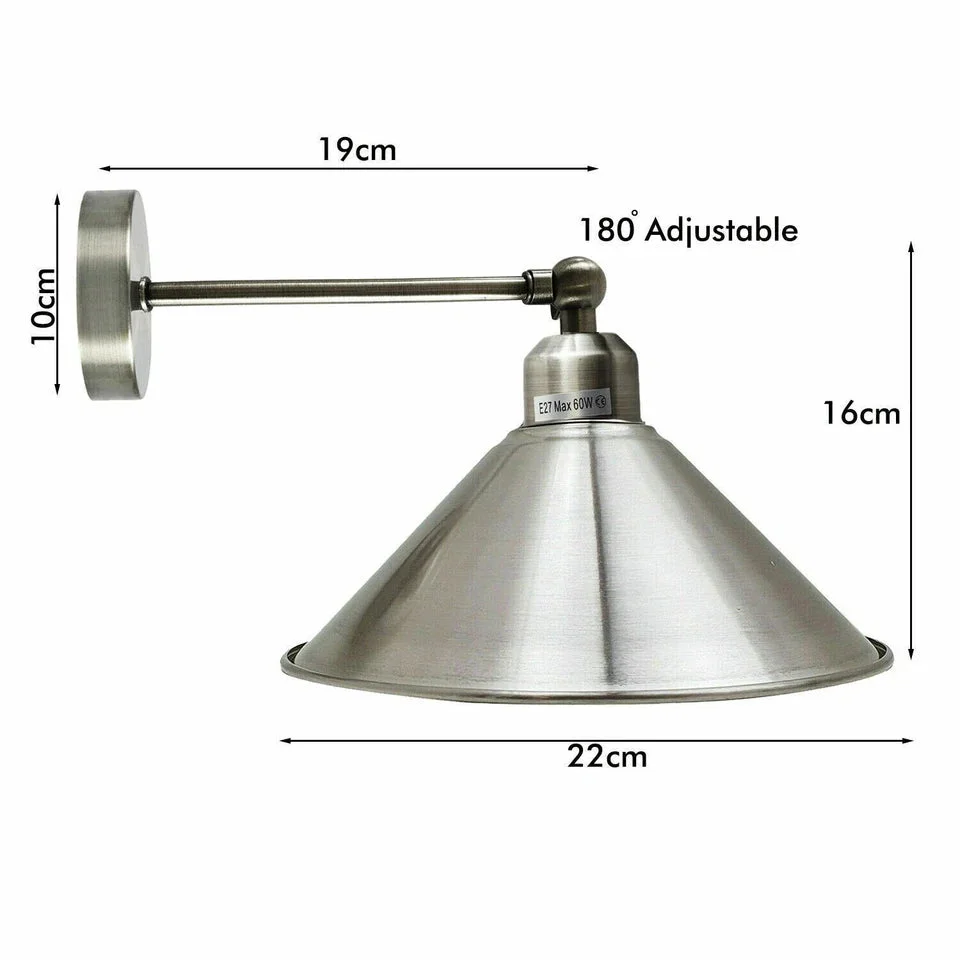 Industrial adjustable wall lamp with satin nickel finish, cone shade, and 190mm long arm for focused lighting