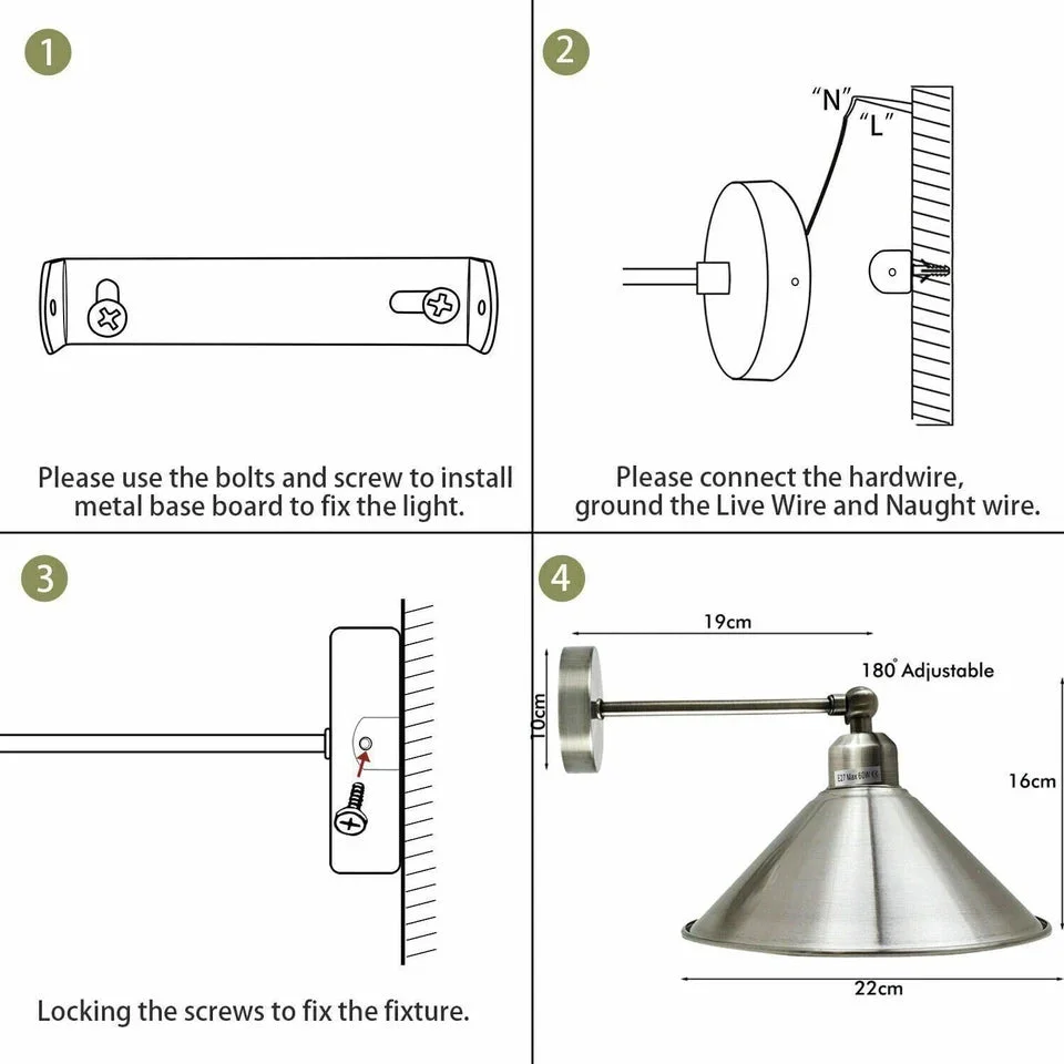 Metal cone shade light with satin nickel finish, extended 190mm arm, and 180-degree adjustable pivot on wall mount