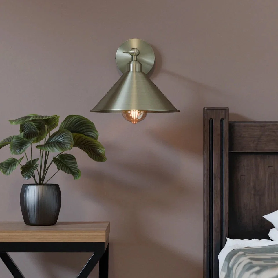 Industrial E27 bulb wall sconce with satin nickel finish, adjustable 190mm arm, and tapered cone shade on white background