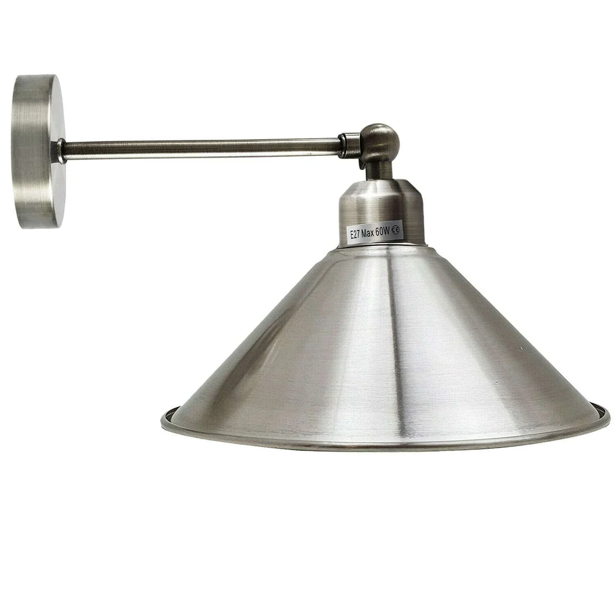 Industrial cage wall light with adjustable arm and cone shade in satin nickel, ideal bedside reading light for focused illumination