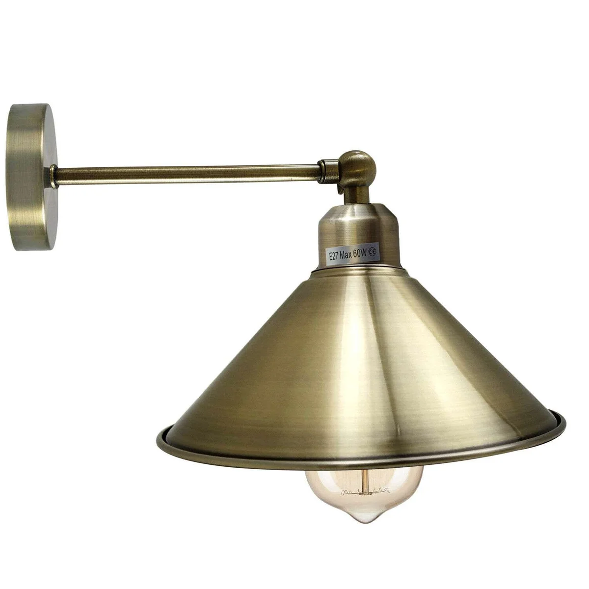 Industrial wall light with satin nickel finish, cone shade, and 190mm adjustable arm mounted on a white wall