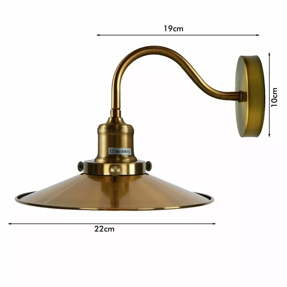 Black industrial swan neck wall light with flat metal shade and curved arm mounted on a 14cm wide ceiling rose