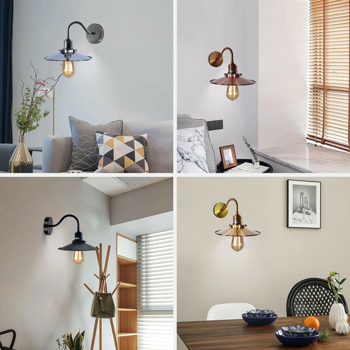 Industrial flat metal swan neck E27 wall lamp with black shade and curved arm mounted on wall with 14cm rose