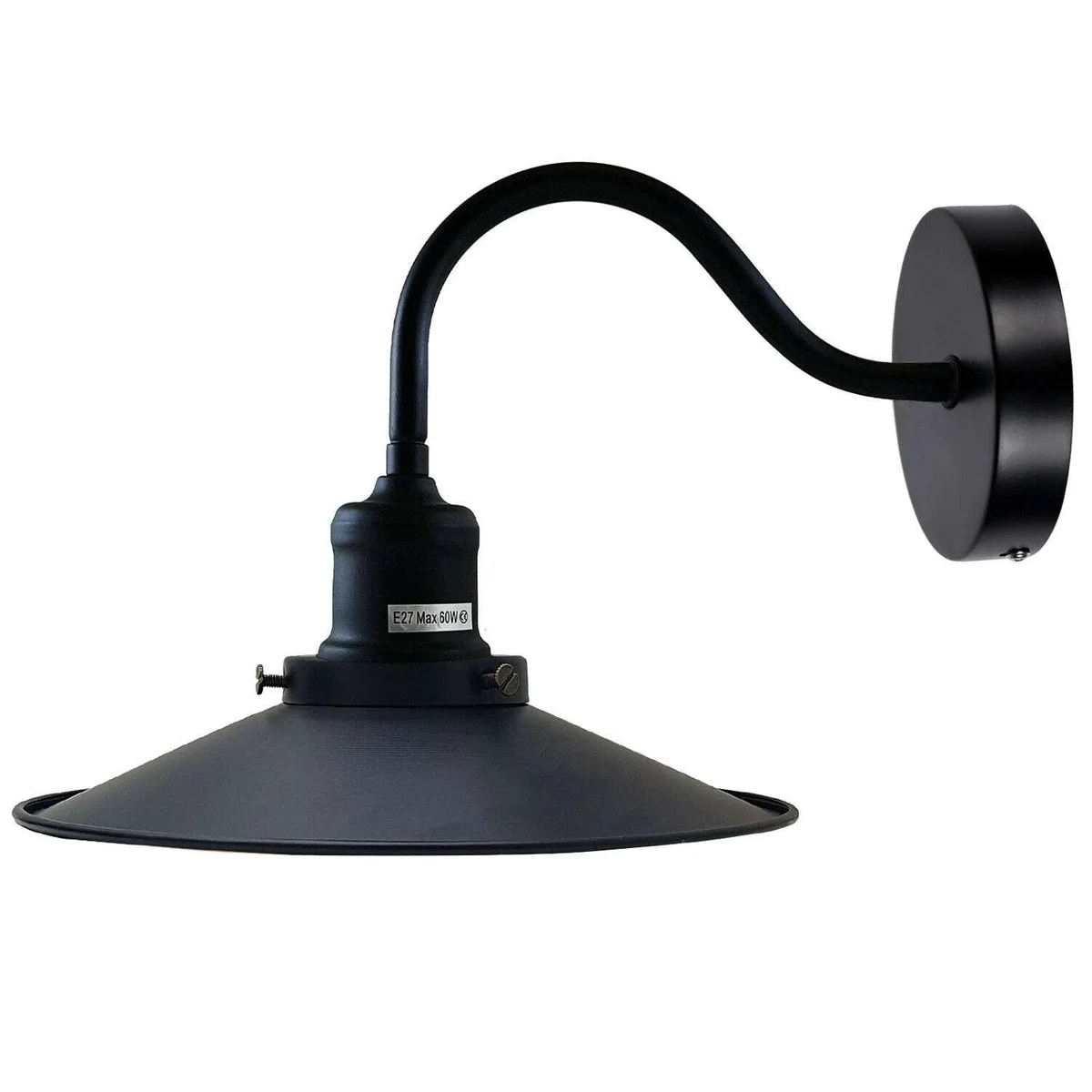 Black industrial metal wall light with flat shade and curved swan neck arm mounted on a 14cm ceiling rose
