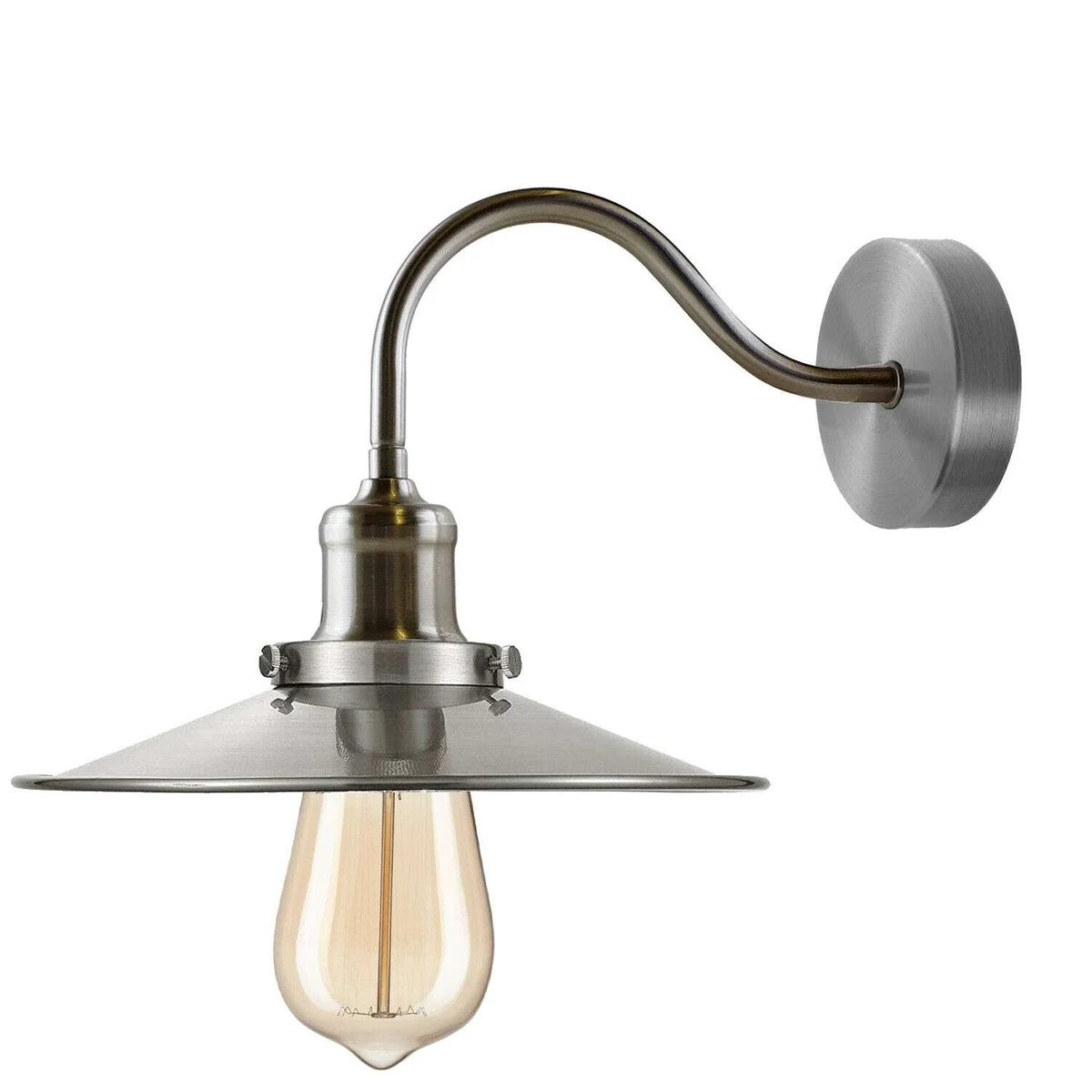 Black industrial flat metal vintage style wall lamp with swan neck arm and 14cm ceiling rose mounted on wall