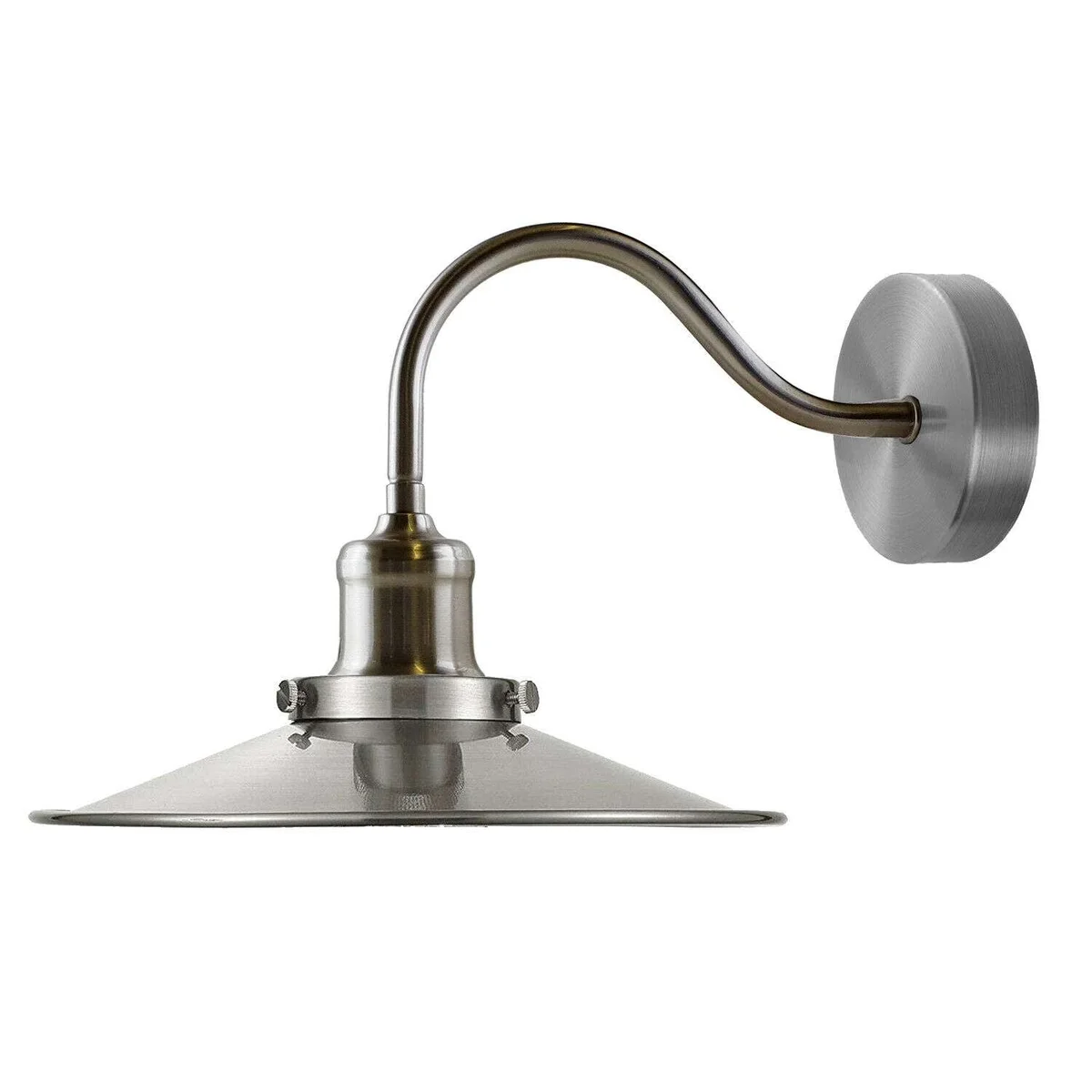 Industrial flat metal swan neck hardwired wall light with curved arm and 14cm ceiling rose in black finish