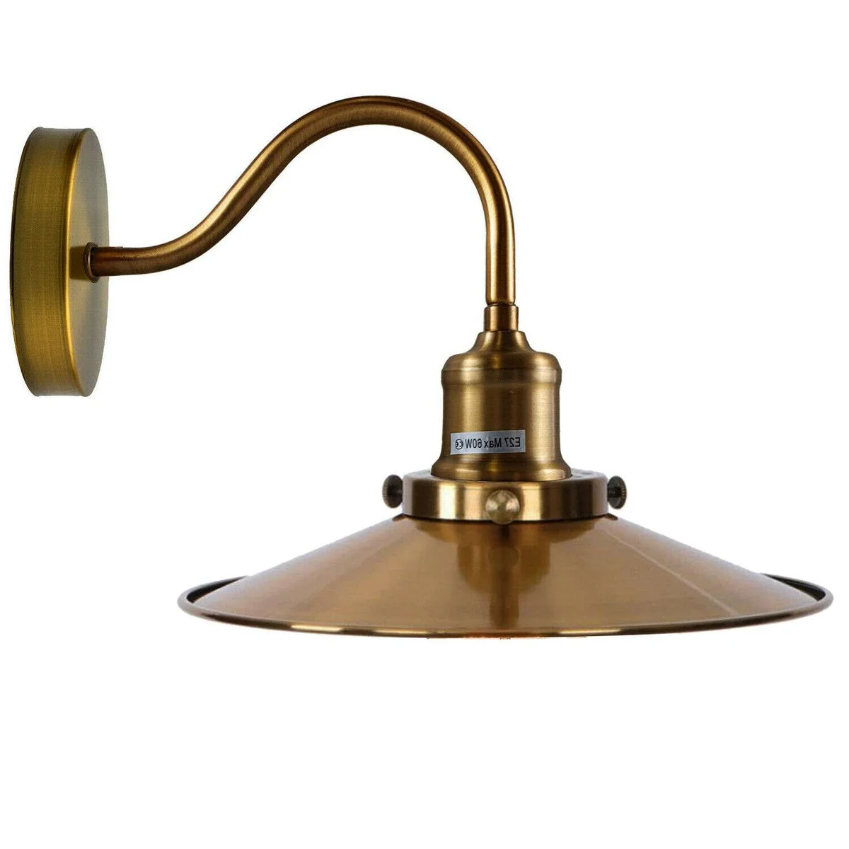 Black industrial wall light with flat metal shade, swan neck arm, and 14cm ceiling rose mounted on white wall