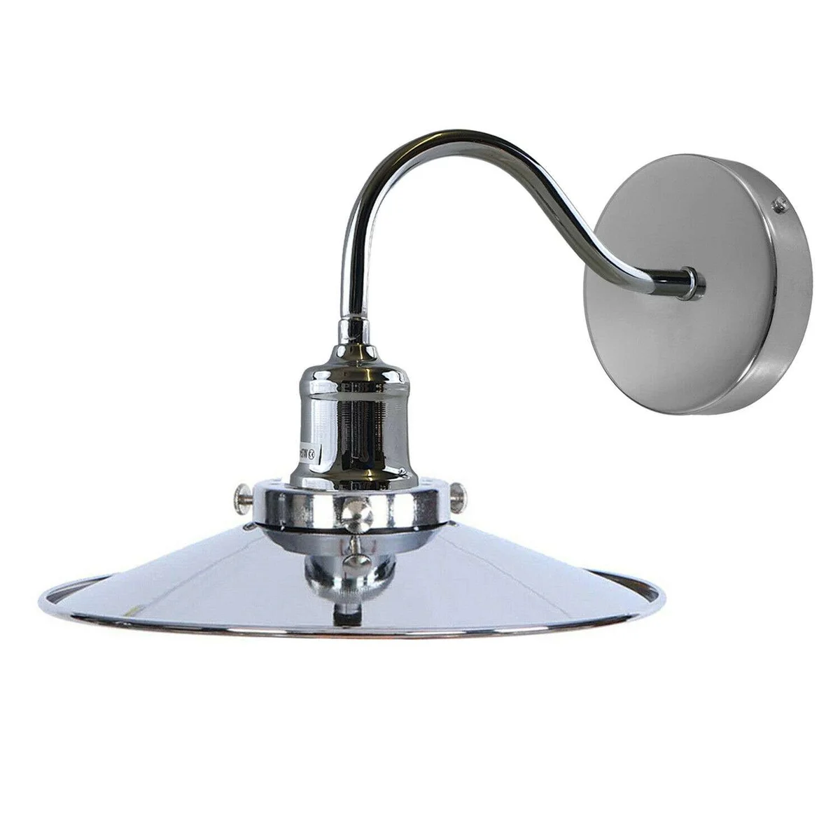 Black industrial wall light with flat metal shade and curved swan neck arm mounted on a 14cm ceiling rose