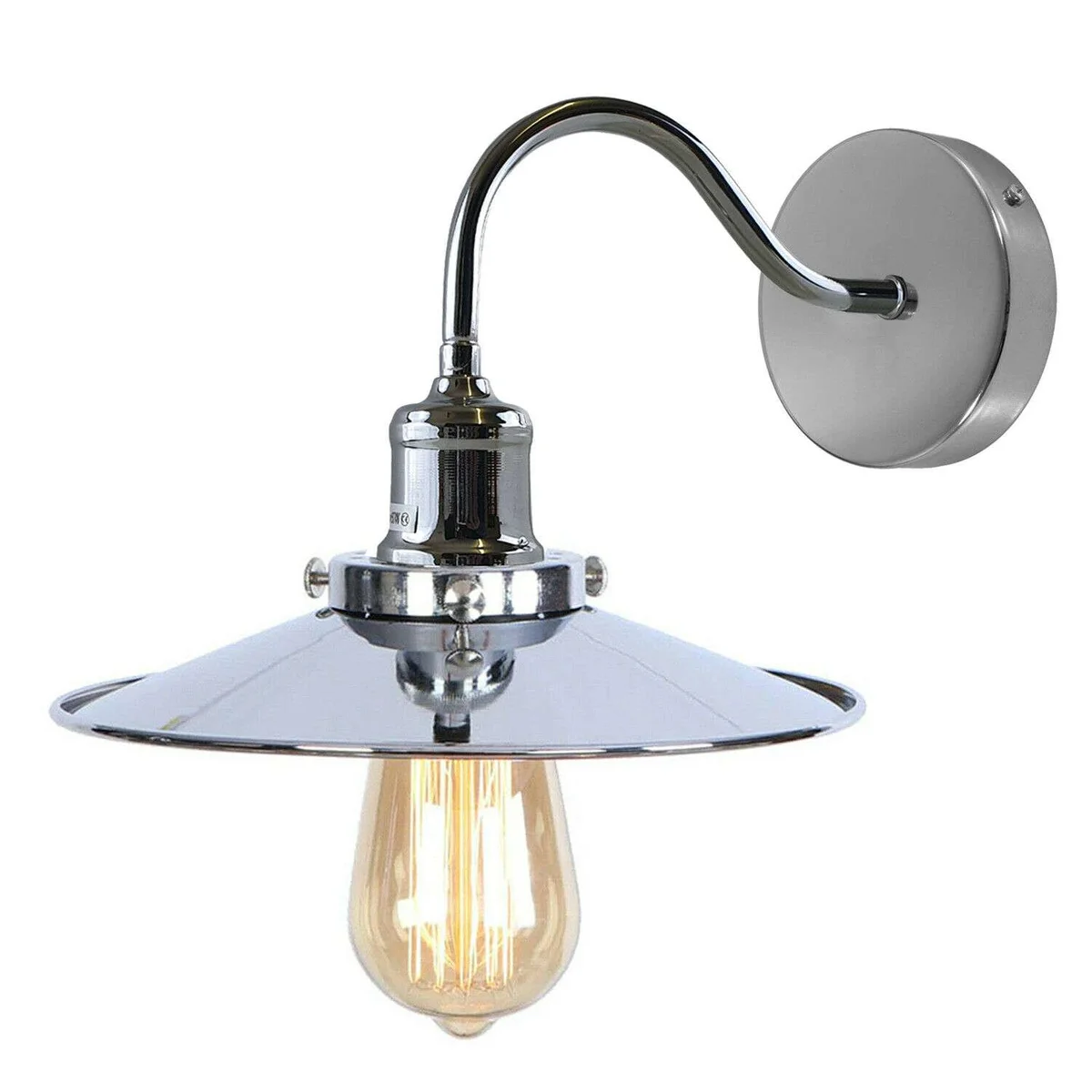 Black industrial wall light with flat metal shade and curved swan neck arm mounted on a 14cm wide ceiling rose
