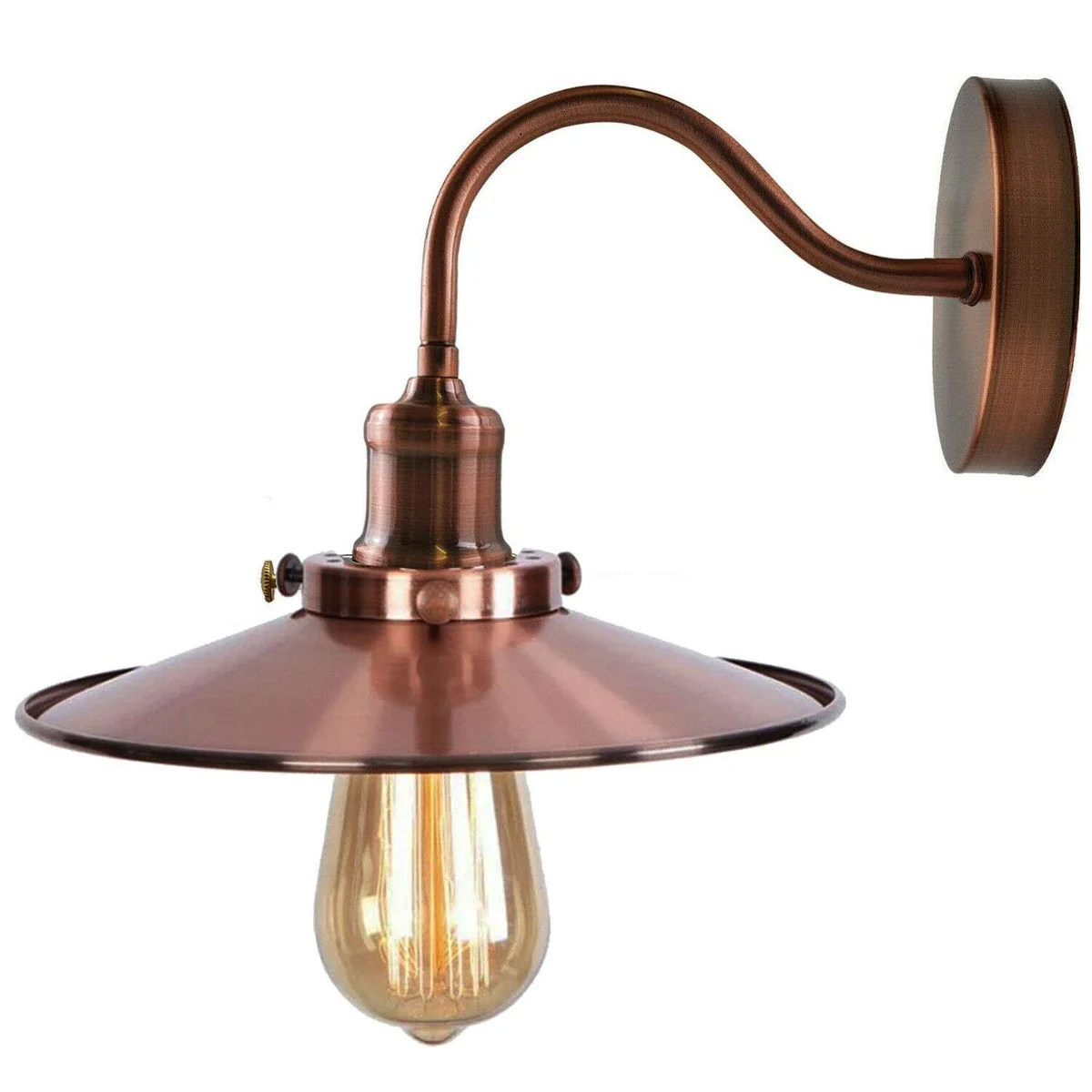 Black industrial wall light with flat metal shade and curved swan neck arm mounted on a 14cm ceiling rose