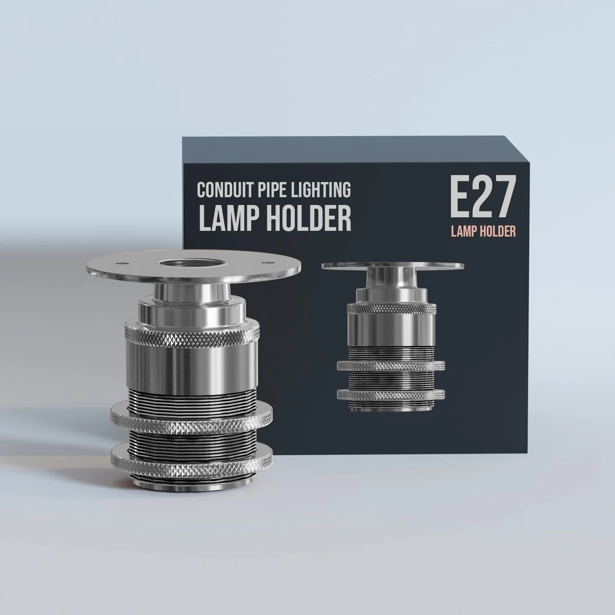 Metal E27 ES batten lamp fitting with ceramic threaded holder and attached ceiling plate, polished vintage style