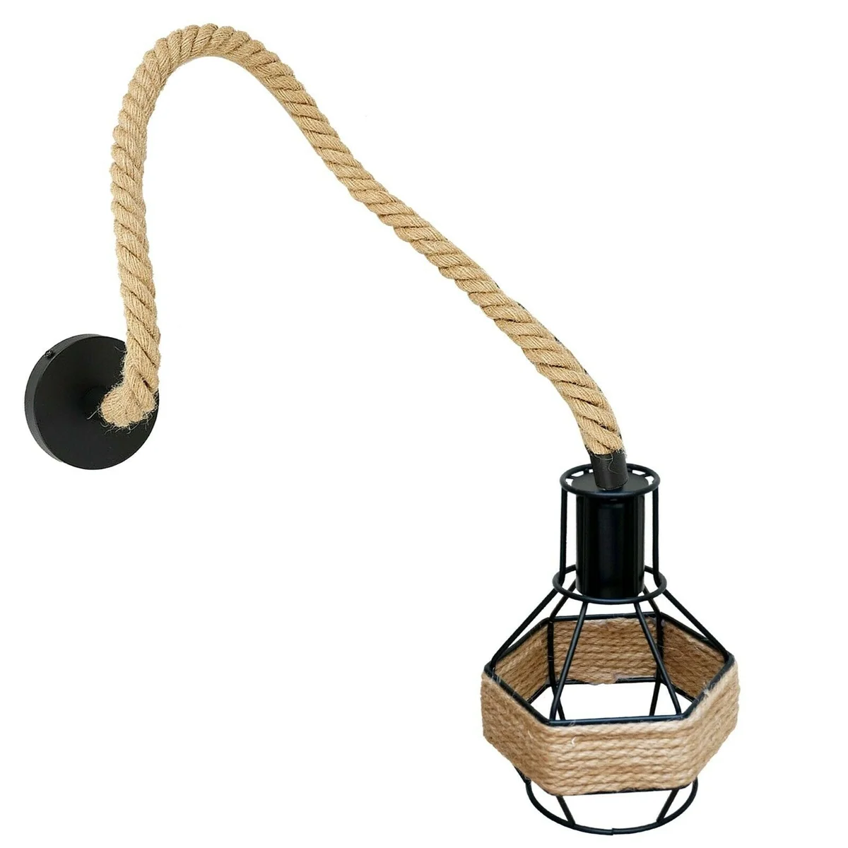 Black industrial ceiling light with metal cage and hemp rope hanging pendant shade against white background