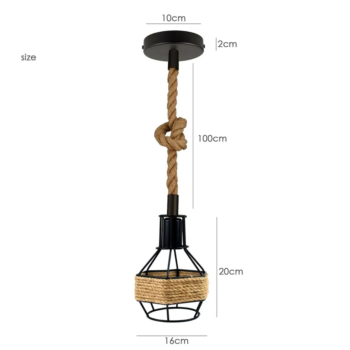 Black industrial pendant lamp with metal cage and hemp rope lighting hanging from ceiling plate