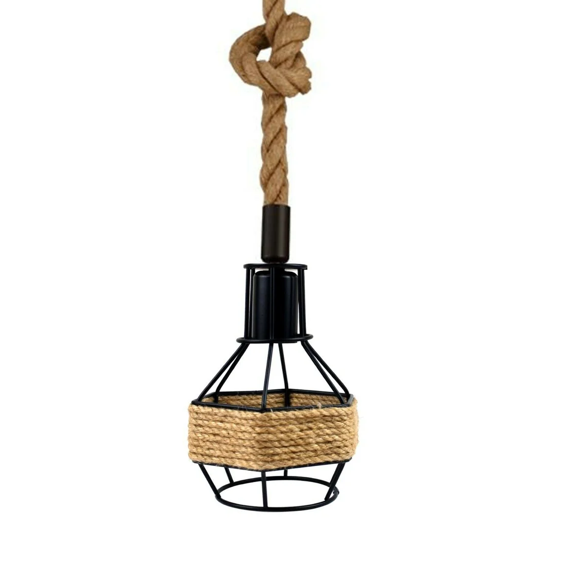 Vintage pendant light with black metal cage and hemp rope hanging from ceiling plate against white background