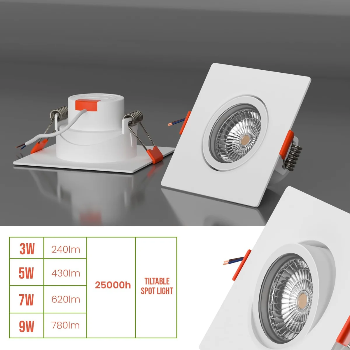 Modern ultra slim recessed LED ceiling spot light installed in a white ceiling, angled for directional lighting