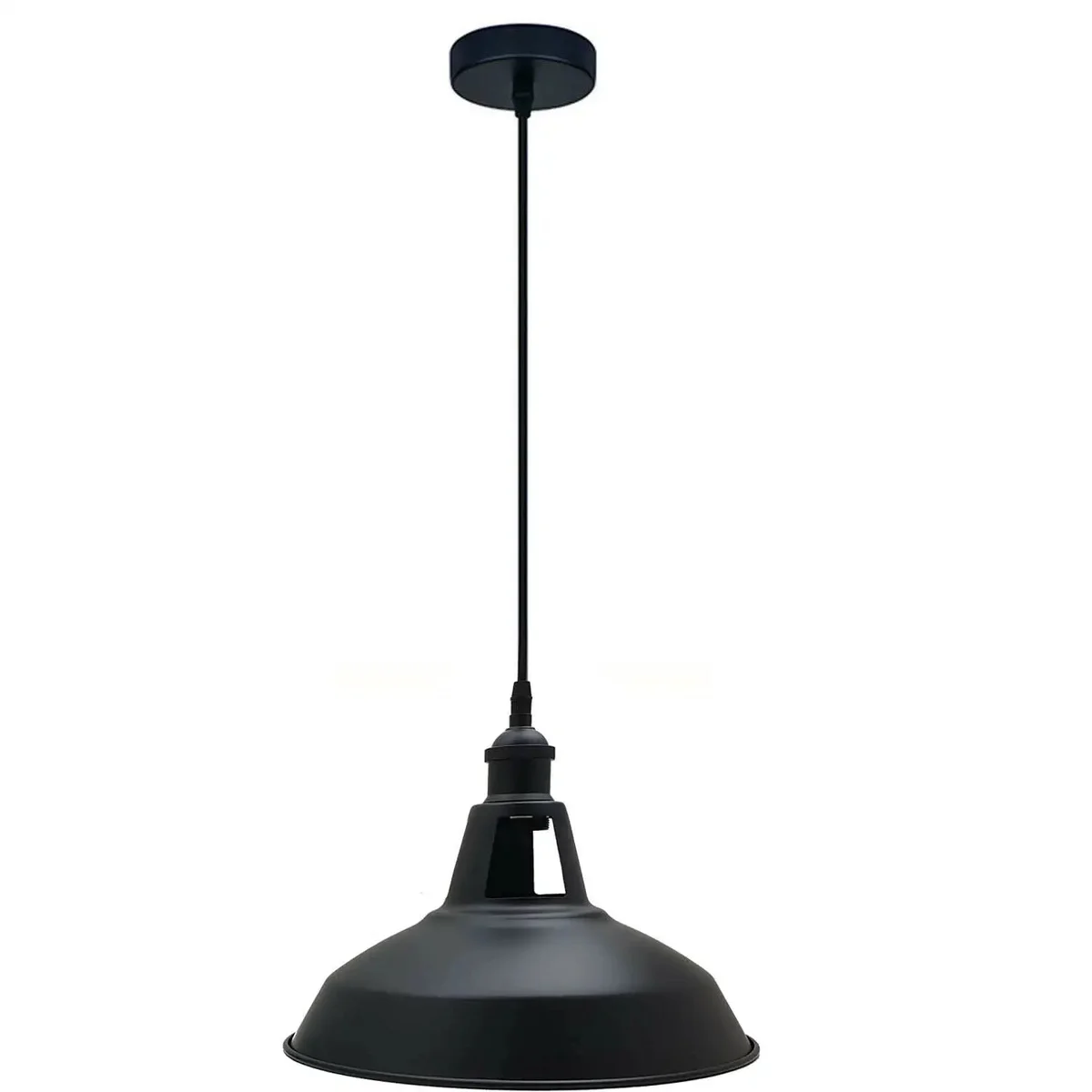 Retro pendant lamp with metal barn slotted shade hanging from ceiling, adjustable cable, designed for indoor use