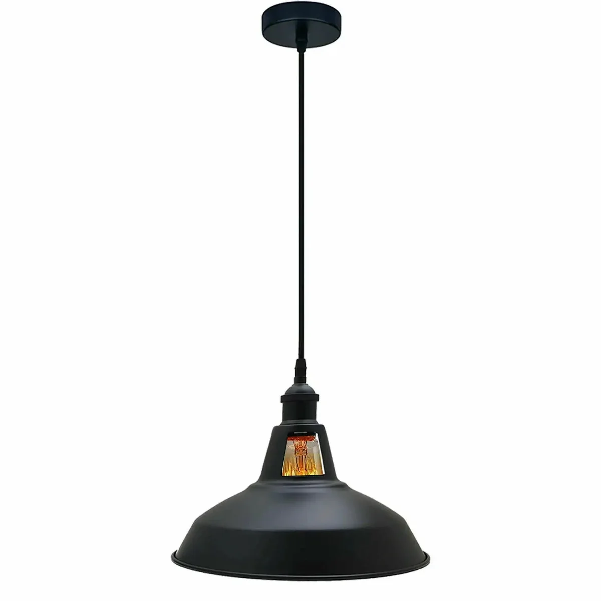 Retro barn shade pendant light with metal slotted shade and adjustable hanging cable, ceiling mounted downlight design